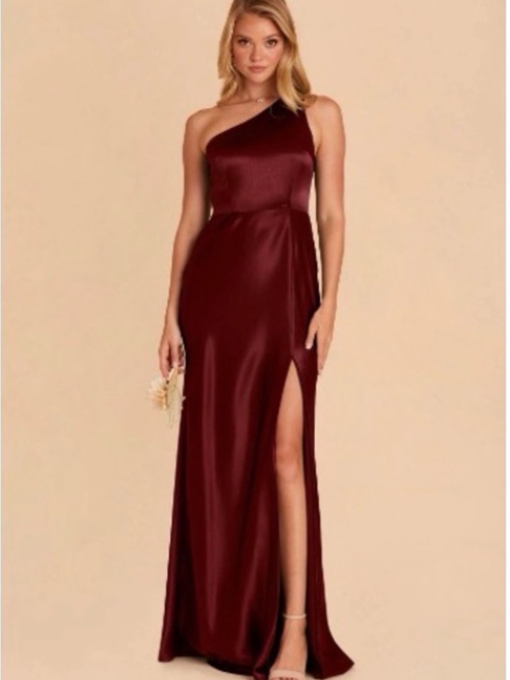 Birdy Grey One-Shoulder Burgundy Satin Gown